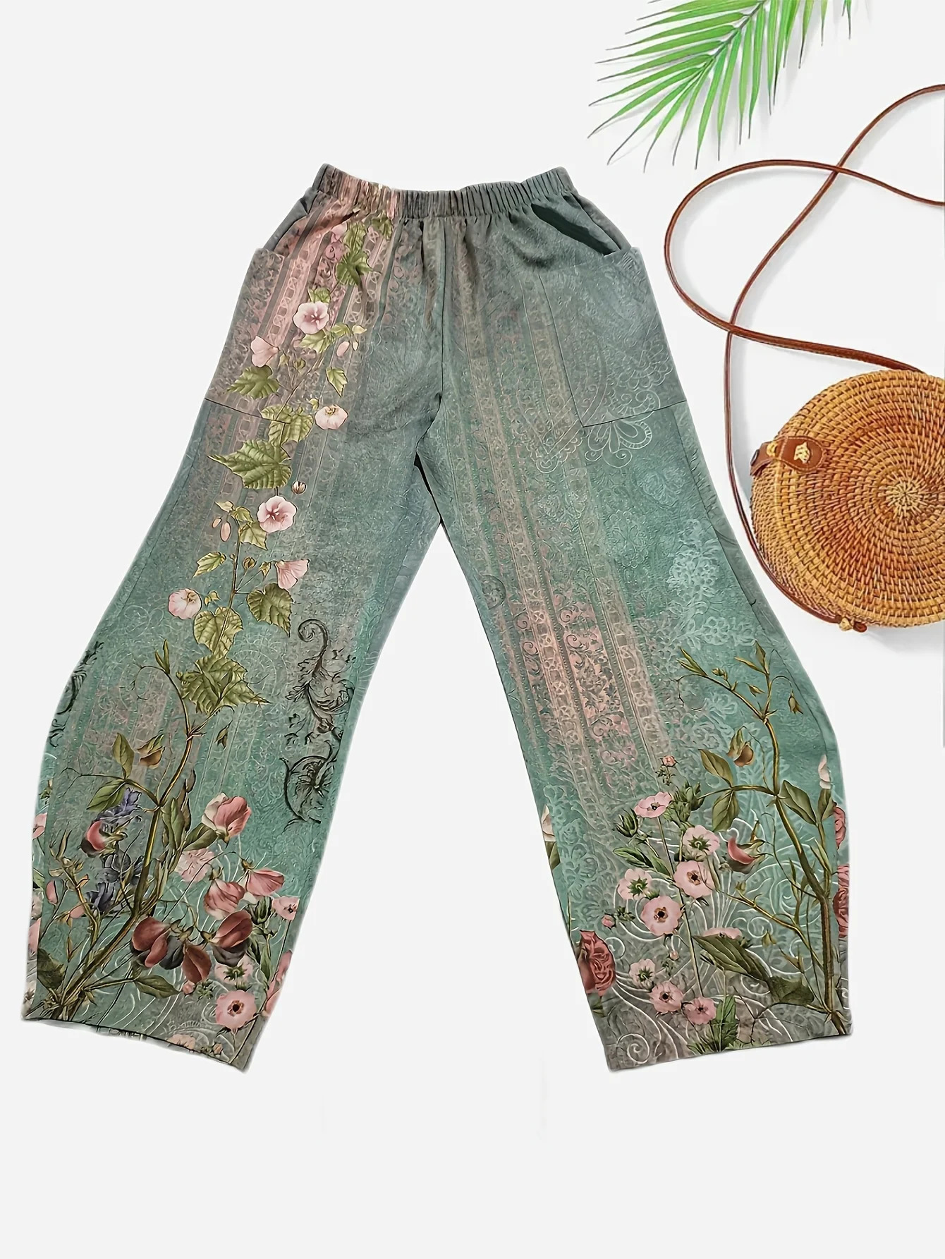 Ladies Diagonal Pocket Wide Leg Pants For Daily Casual And Elegant Floral Fashion Printed Loose Womens Clothing 241212