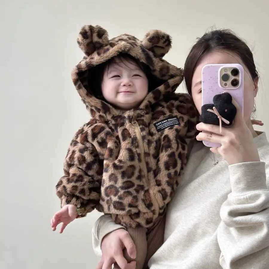 Baby Girls Coat Autumn/Winter Thick Hooded Cotton Jacket with Velvet Childrens Clip Cotton Warm Cotton Coat Leopard PatternXJ241214
