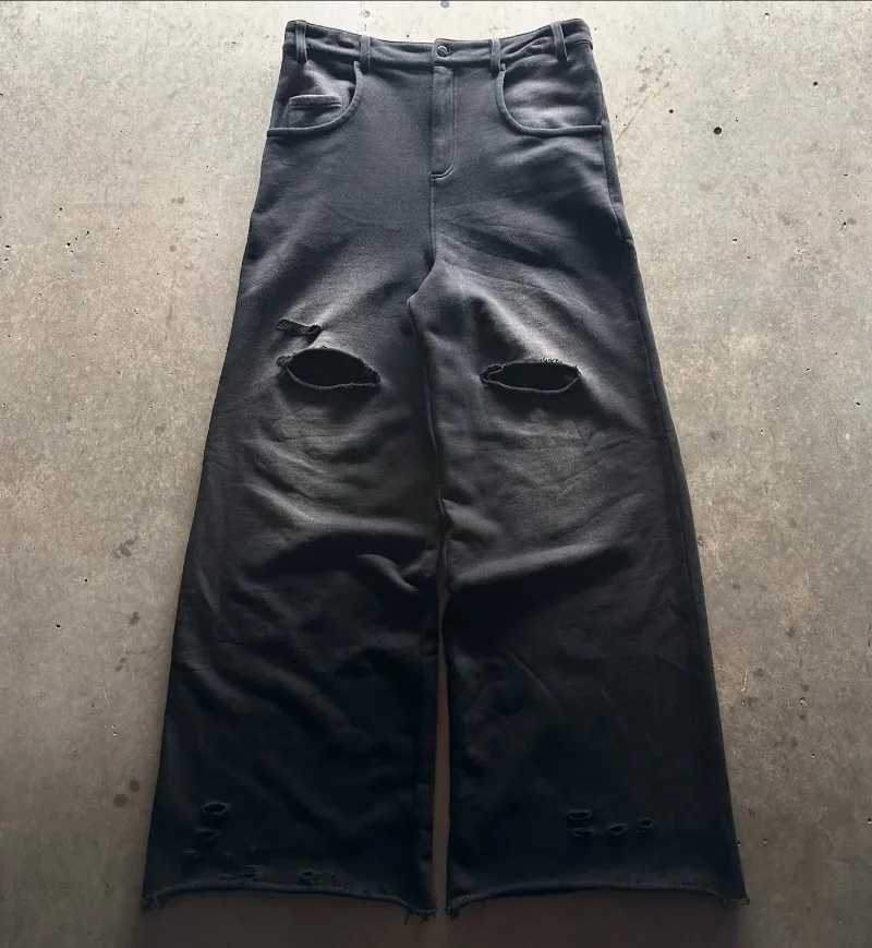 Y2k Streetwear men baggy pants Hip Hop high street fashion hole wide leg pants Punk Harajuku trend brand casual sweatpants X241216
