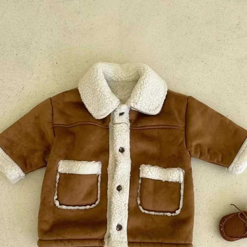 4387 Children Coat 2024 Autumn Korean Color Matching Boys Cardigan Coat Retro Casual Lamb Wool JacketXJ241214