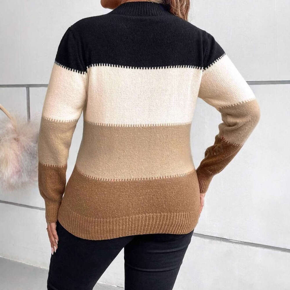 Autumn Clothes Women's Contrasting Color Cross-Border Pullover Round Neck Long Sleeved Knitted Sweater Casual Versatile