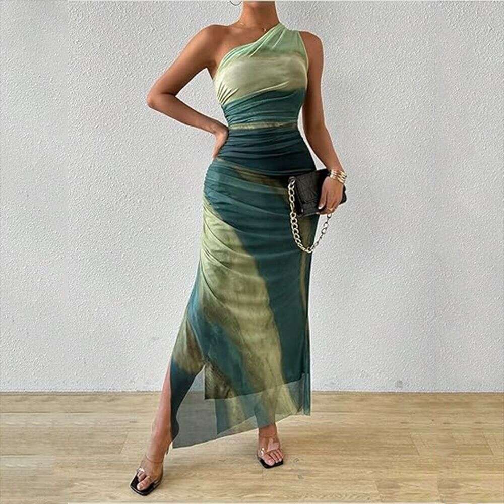 Spring Summer New European And American Ladies Elegant Mesh Design Sexy Backless Strapless Printed Dress