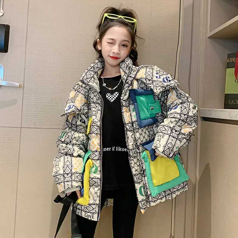 Winter Junior Girls Parkas Cotton Padded Printed Patchwork Toddler Kids Girl Outerwear Loose Contrast Pockets Baby Girls JacketsXJ241214