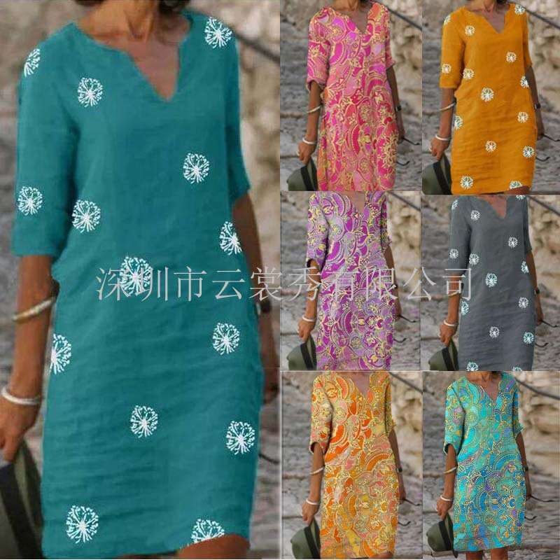 2020 summer print loose washed cotton floral short sleeved women's artistic round neck five quarter sleeve 2024 new casual versatile fashion clot