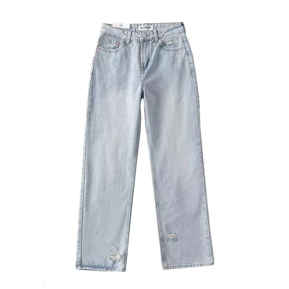Spicy girl high waist, loose fit, slimming effect, straight jeans with holes in the back legs, women's summer vintage wide leg denim pants, 2024 