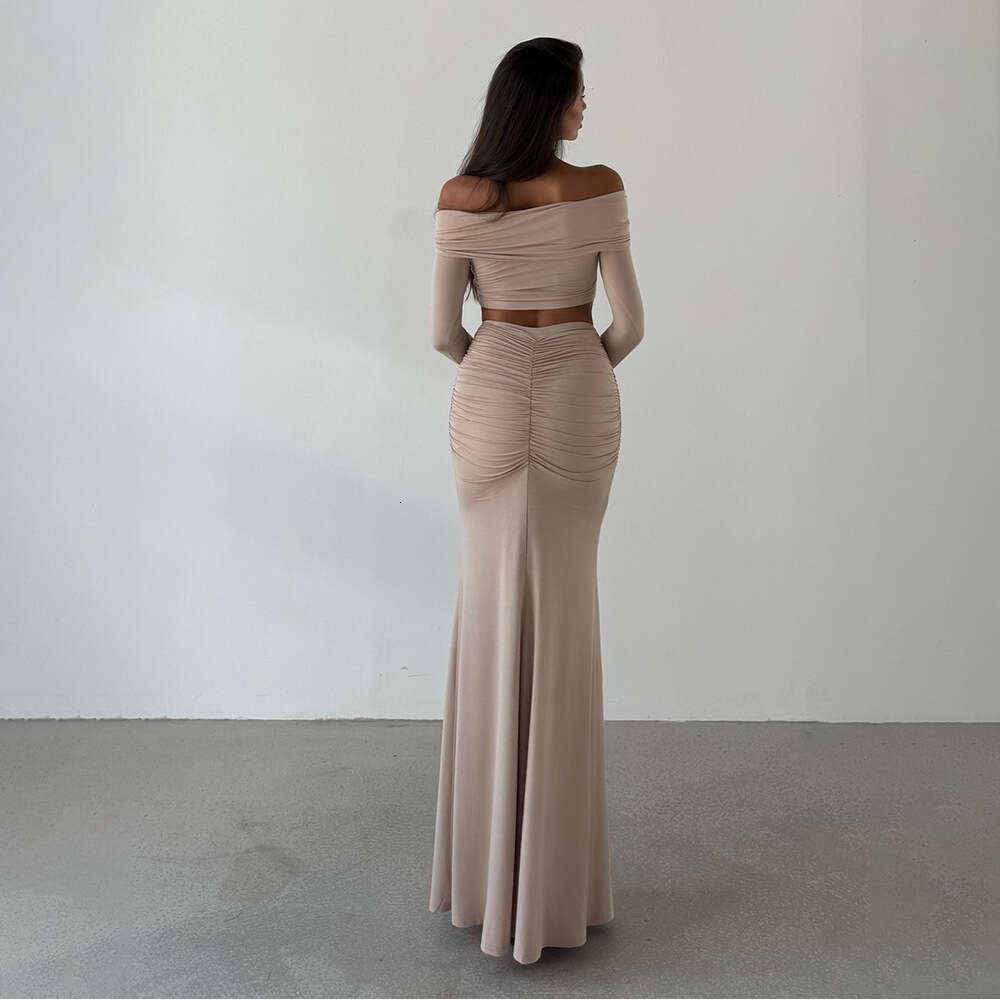 Spring Summer New European American Fashion Sweet And Spicy Top Mesh Style Strapless Sleeved Exposed Waist Long Skirt Set For Women