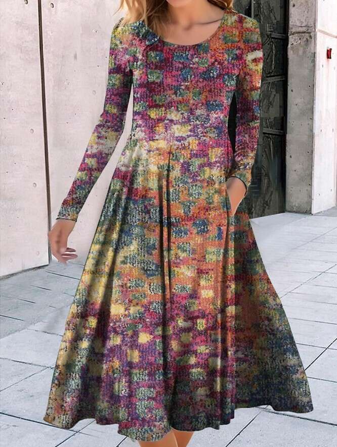 Summer European and American Round Neck Long Sleeve Loose Geometric Pattern Printed Large Pendant Dress 2024 Versatile New Trendy Clothing Ins
