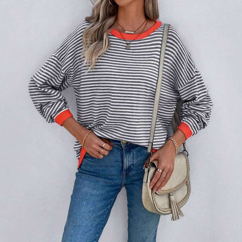 European And American Autumn Clothing, Striped Round Neck Contrasting Color, Shoulder Down Long Sleeved Knitted Sweater, Women's Fashion Quality 