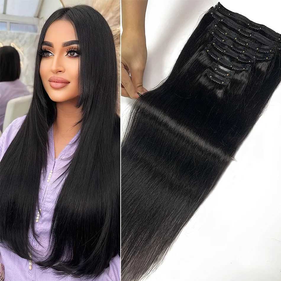 Straight Brazilian Mane Remy Clip in Hair Extensions Full Head Human Hair 100% Real Natural Hairpiece Clips On 120G 14 To 22XJ241216
