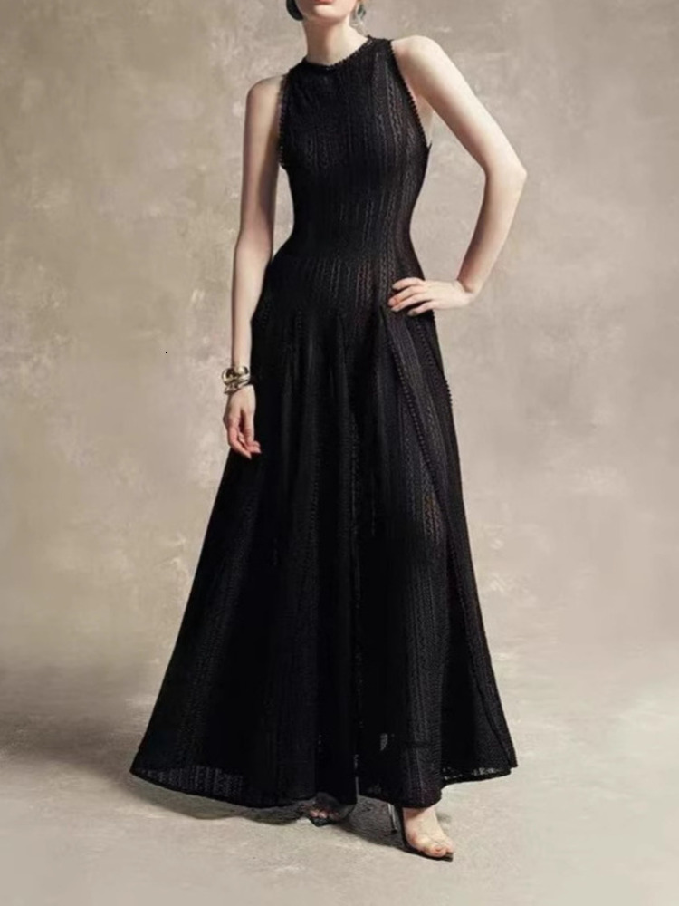 Vintage Sleeveless Dress Temperament Chic O Neck Lace Waist Cinching Elegant Women's Dresses 2025 New Spring Summer 23C2956