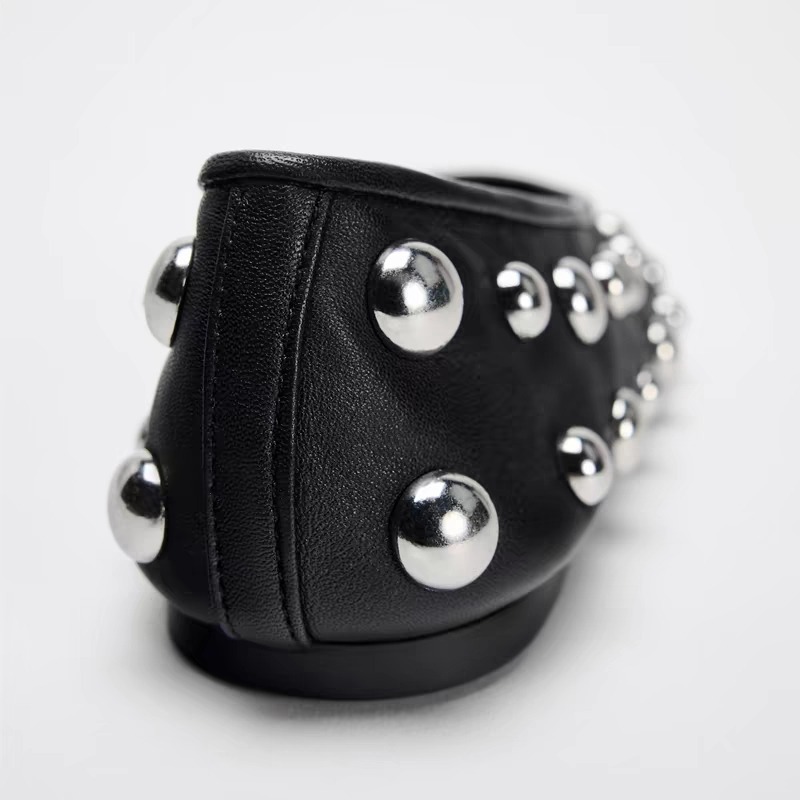 2024 New Rivet Round Head Flat Black Leather Sandal Ballet Sandals Sier Ball Metal Hollow Mary Jane Shoes 35-42