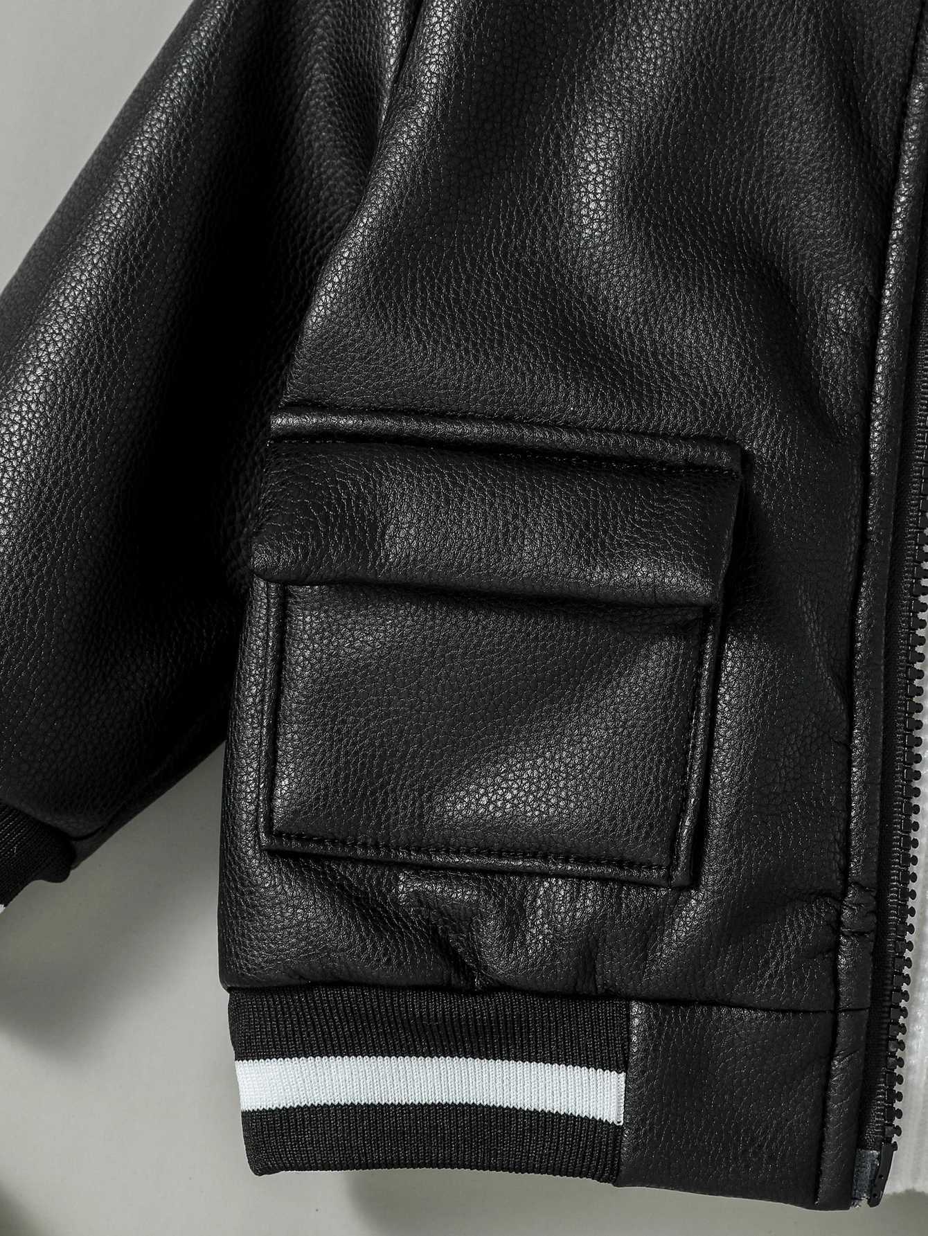 2024 Baby Boys New Outdoor Leisure Windproof Pu Jacket With Pocket Autumn Winter Plus Fleece Thickened Leather Fashion JacketXJ241214