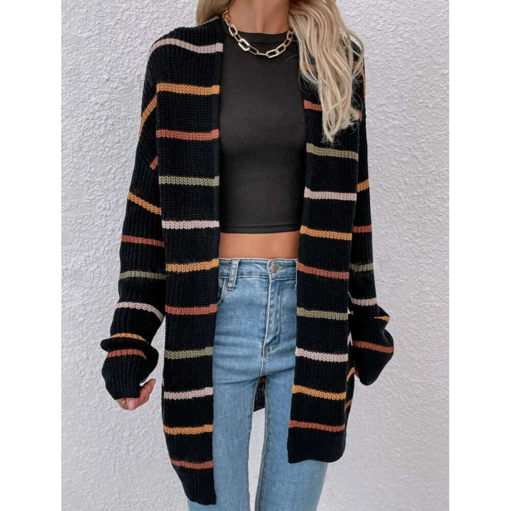 European American Clothing Women's Long Sleeved Horizontal Striped Cardigan Jacket Spring And Autumn Winter New Style