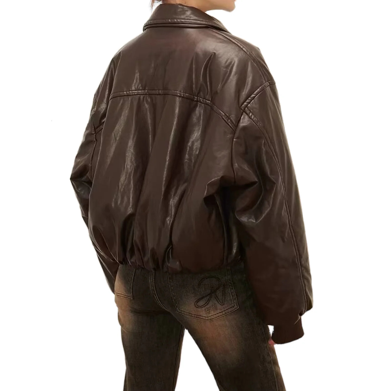 PU Leather Short Flight Jacket for Women Cotton Clothing Minimalist Retro Coffee Color Zipper Long Sleeve Casual 241121