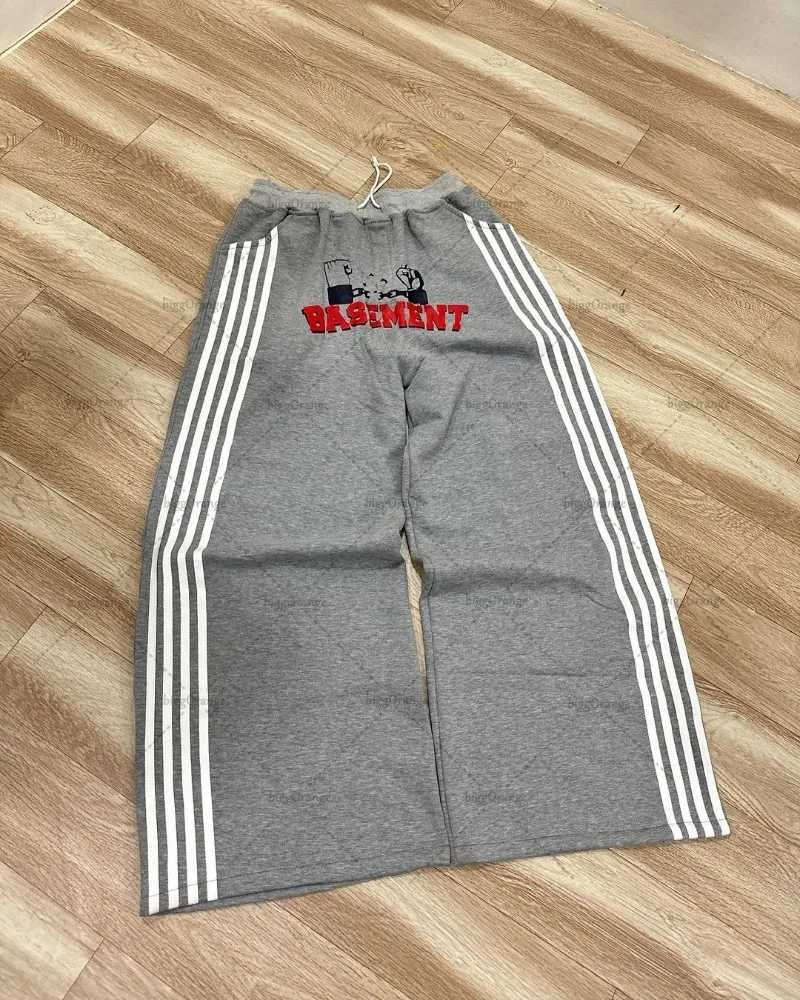 Y2K Harajuku Streetwear American Hip-hop Retro Striped Sweatpants Punk Style Letters Anime Print Baggy Straight Wide Leg Pants X241216