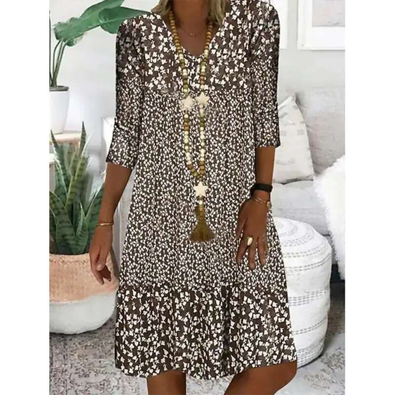 Summer Printed Mid Sleeve V-neck Medium Length Dress for Women 2024 New Casual Versatile Fashion Clothing