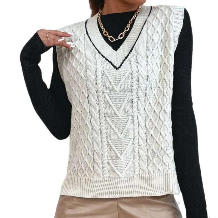 European And American Autumn Clothes Women's Knitted Sweater Short Top Vest V-Neck Sleeveless Fashion Quality Classic