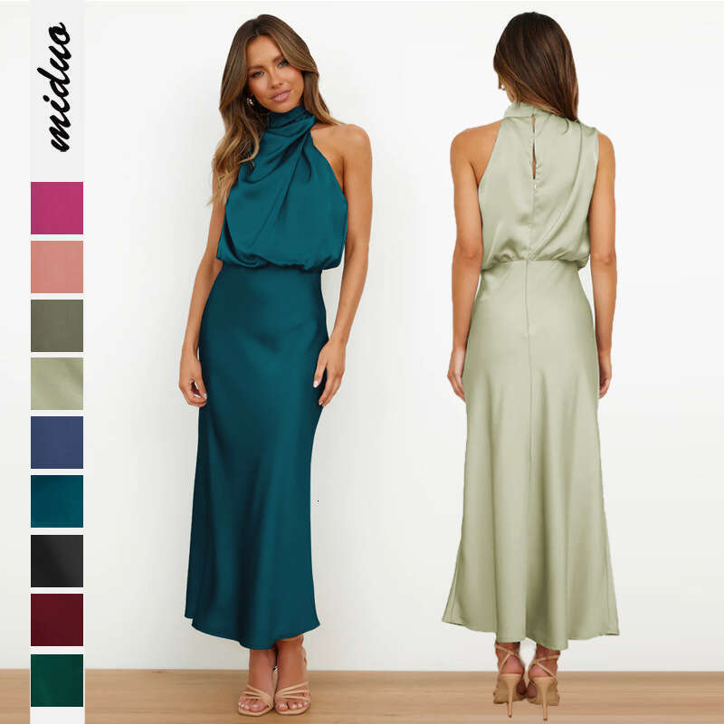 Spring Summer New High-End Satin Sleeveless Dress, European And American Fashion Elegant Socialite Light Evening Dress