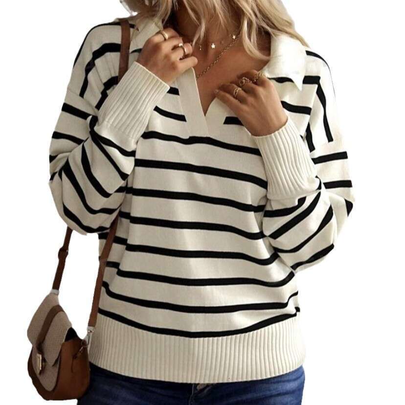 Foreign Trade Autumn Clothing European And American Polo Collar Striped Pullover Women's Knitted Sweater Fashionable Quality Classic