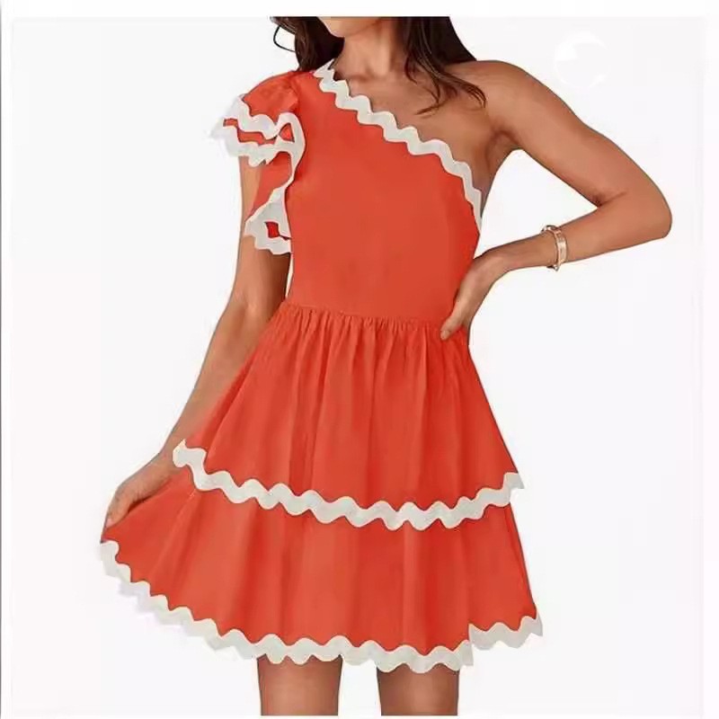 Urban Sexy Dresses One Shoulder Dress Casual Summer Contrast Color Ruffle Party Mini Dress for Cocktail Beach Club Streetwear