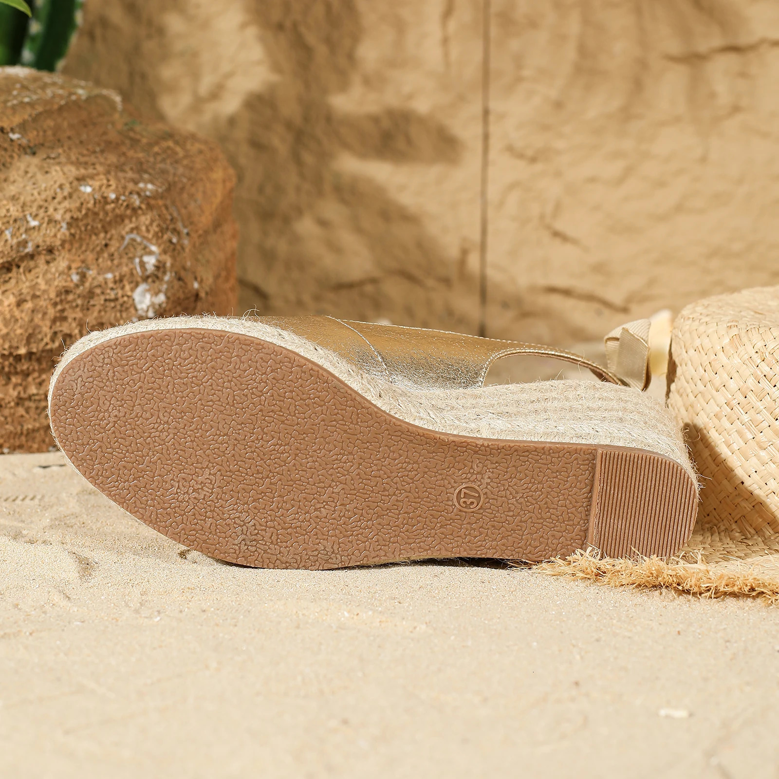 2024 Summer Resort Style Platform Straw Bottom Casual Bow Womens Sandals 241213