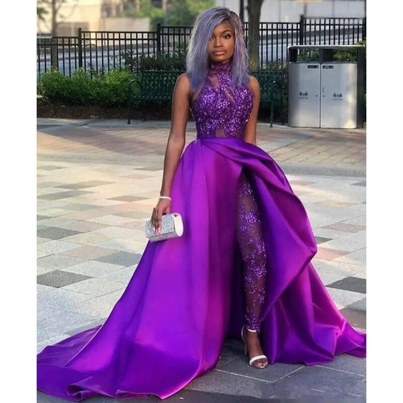 Sexy Evening Gowns With Detachable Train High Neck Lace Appliqued Bead Prom Dress African Party Women Pant Suits