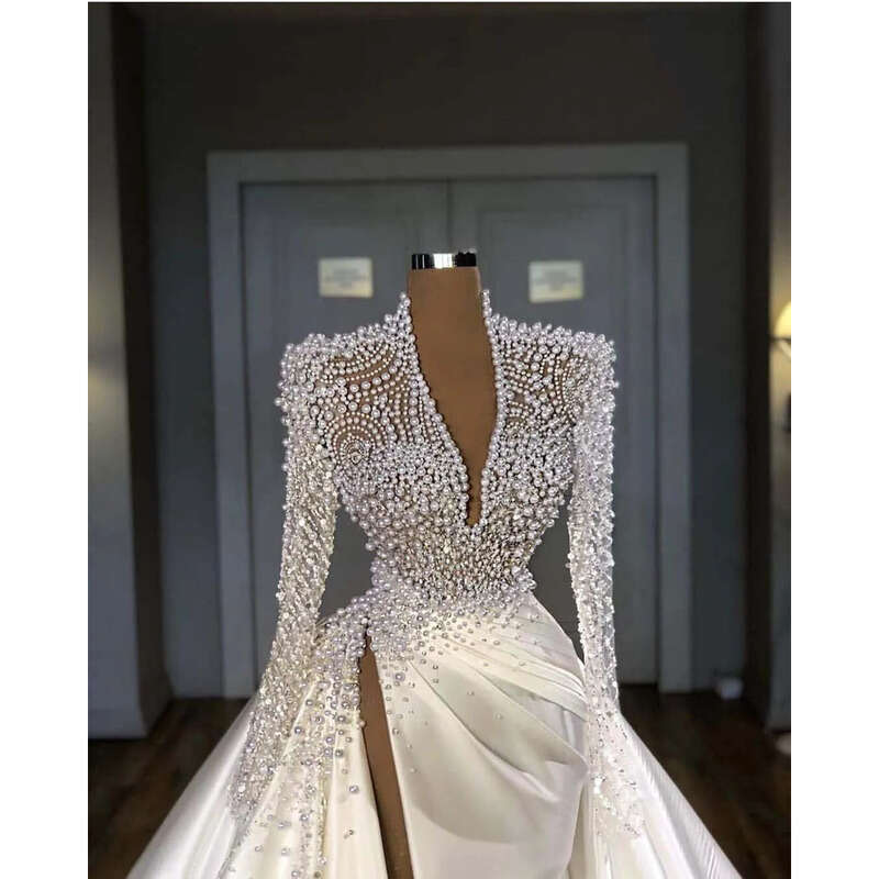 Vintage 2022 Plus Size Pearls Mermaid Wedding Dresses Bridal Gowns With Detachable Train V Neck Long Sleeve High Side Split Robe