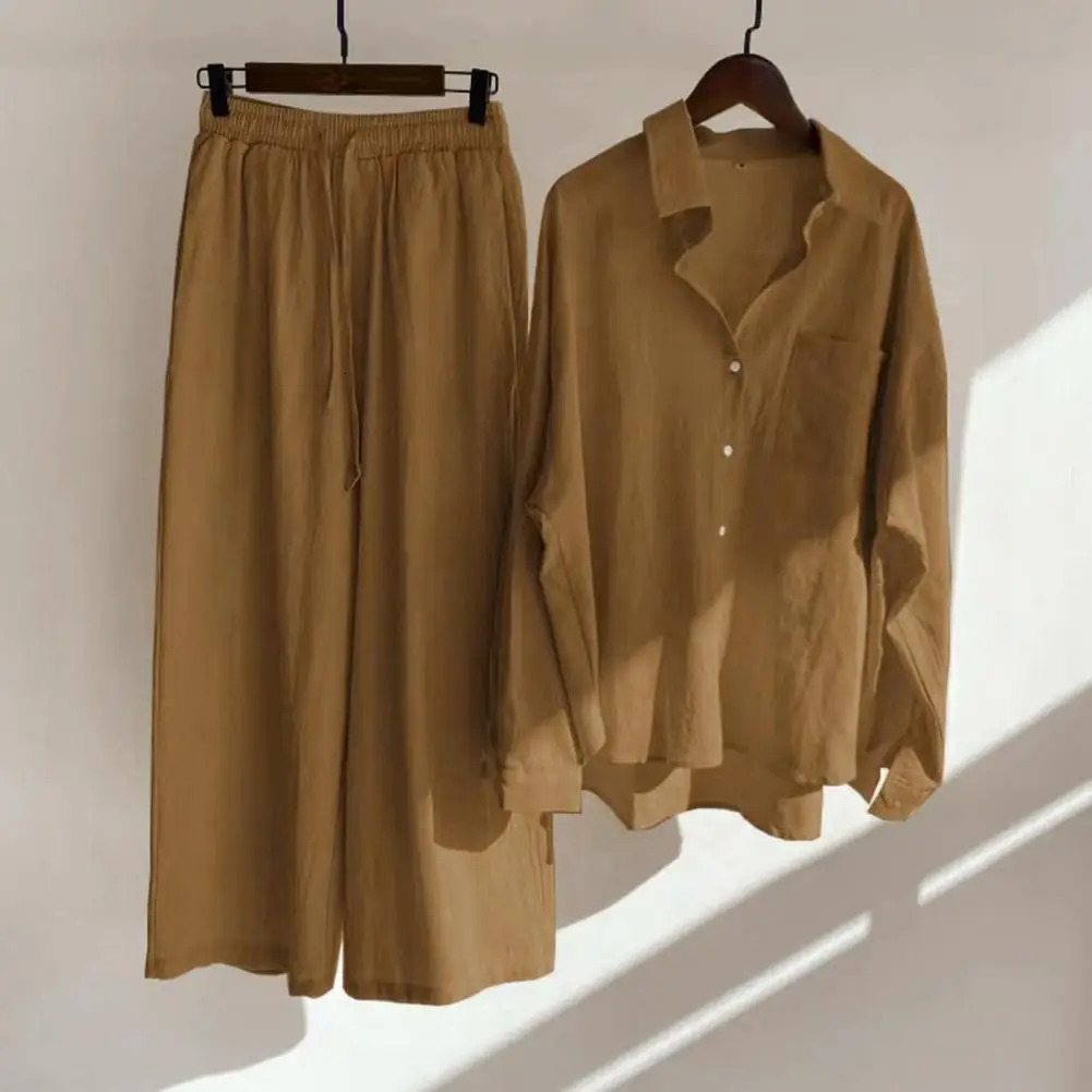 2 PcsSet Women Tops Pants Set Blouse Trousers Suit Skintouch Long Sleeves Cardigan Solid Color Wide Leg Daily Clothes 241212