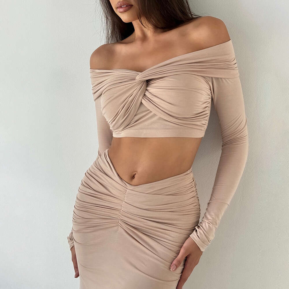 Spring Summer New European American Fashion Sweet And Spicy Top Mesh Style Strapless Sleeved Exposed Waist Long Skirt Set For Women