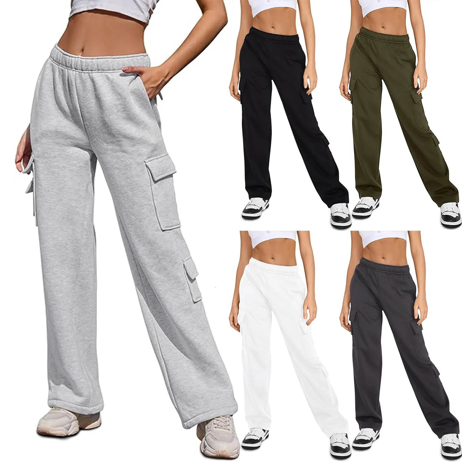 Fall Winter Womens Cargo Casual Pants Baggy Wide Leg Fleece Lined Sweatpant High Waisted Joggers Trouser With Pockets 241212