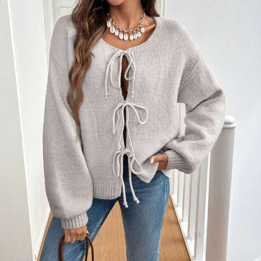 European American And Winter Clothing, Autumn Women's Casual Loose Cardigan, Lace Up Solid Color Sweater