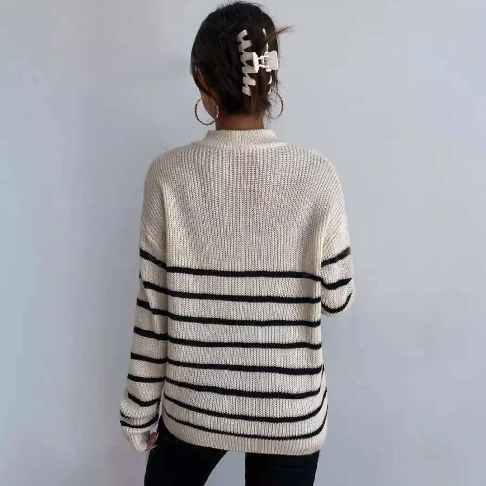 Foreign Trade Sweaters, Pullovers, Half Zipper Striped Long Sleeved Knitwear, Loose Fitting Tops, Women's Fashionable Quality, Classic