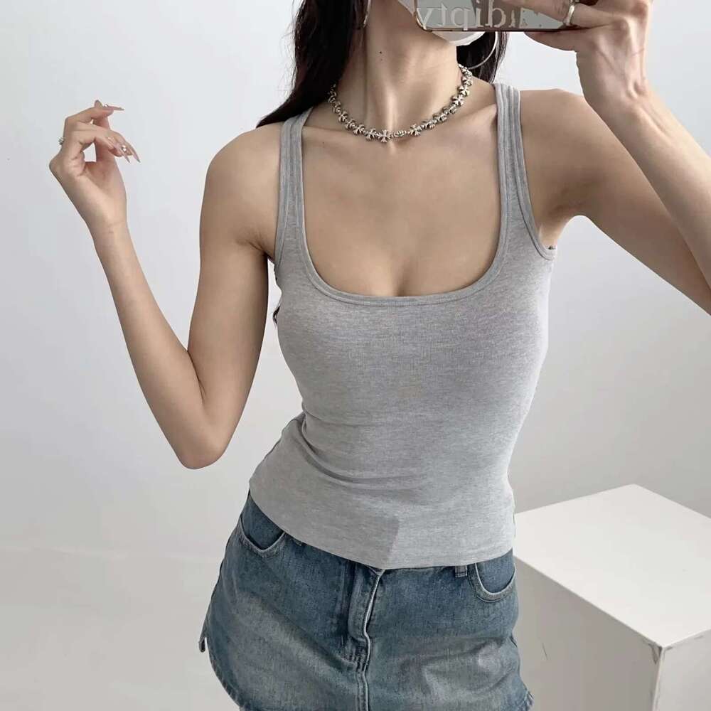Versatile Pure Desire Square Neck Solid Color Bottom for Women's Summer Outfit Slim Sleeveless Strap Tank Top 2024 New Casual Fashion Trendy Clot