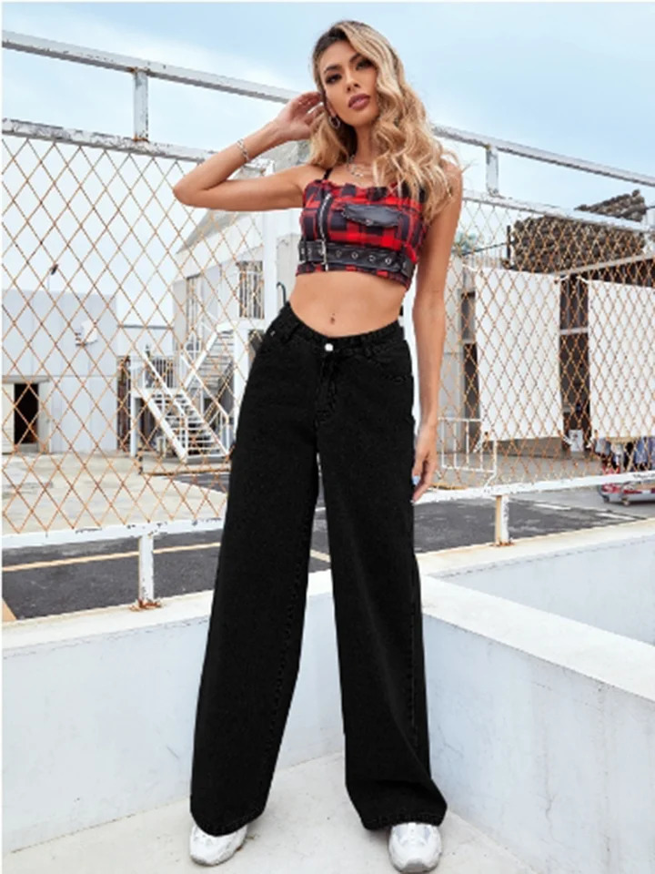High Waist Light Blue Pocket Jeans Street Simple Casual Autumn Spring Straight Leg Pants 241212