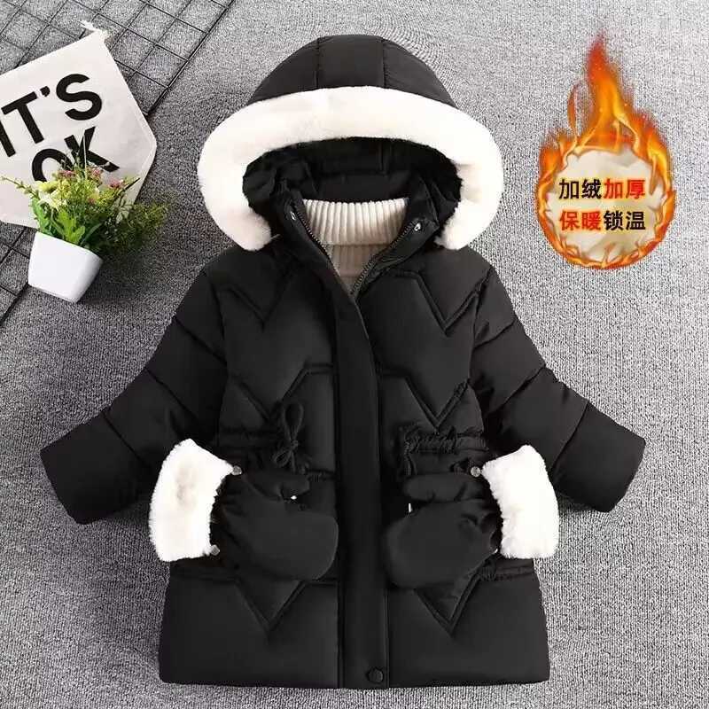 2-8 Years Warm Winter Girls Jacket Fur Collar Removable Hat Plush Lining Heavy Hooded Kids Coat Children Outerwear Send GlovesXJ241214