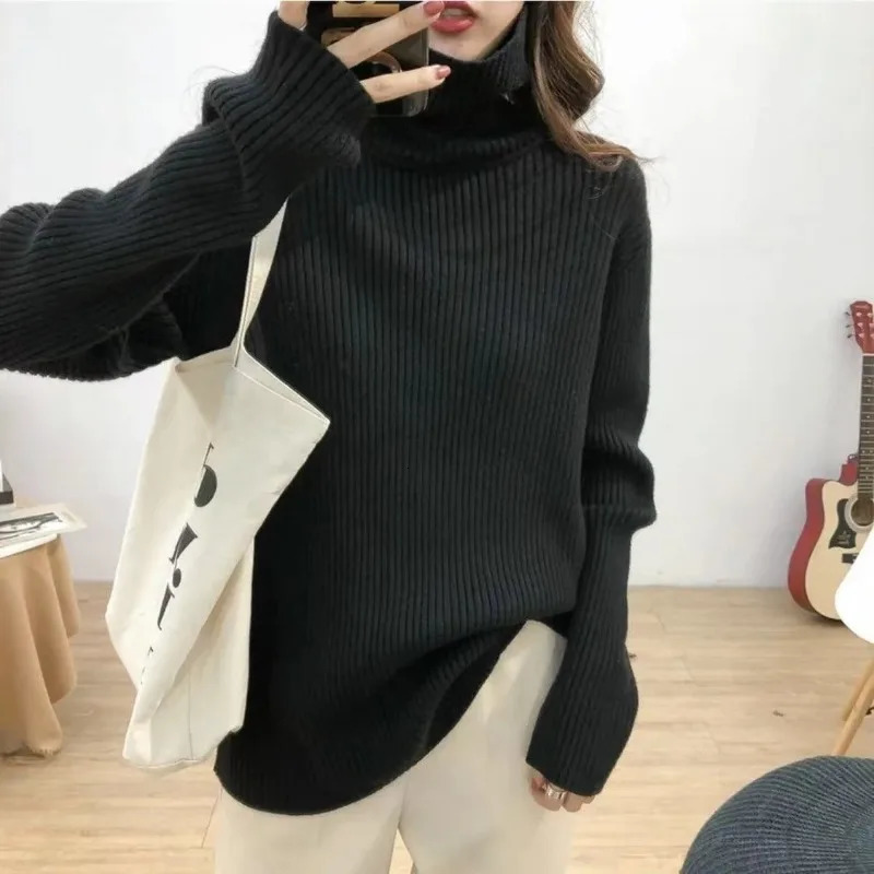 Autumn and winter high neck slow style solid color sweater Lax long sleeved striped womens latte 241211