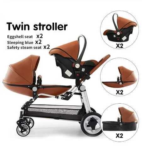 Strollers# 3 in 1 Twin PramFree Shipping Twin Baby Stroller3in1 PU Leather Pram Foldable Twin Baby Carriage Reviserbale Double Stoller S2412166