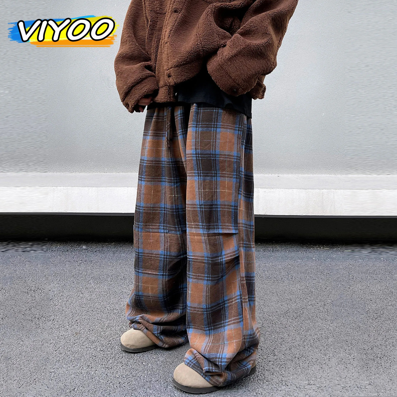 Mens Pink Vintage Oversized Plaid Pants Summer Baggy Wide Leg Pants Drawstring Y2K Streetwear Trousers Japanese Korean Clothes 241214