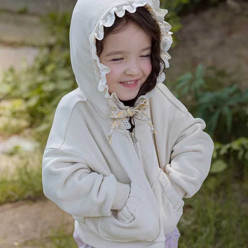 MILANCEL Spring Autumn Childrens Jacket 2-8 Y Girls Cute Hoodie Coat Kids Lace Floral Hooded Outwear Girls Zipper SweatshirtXJ241214