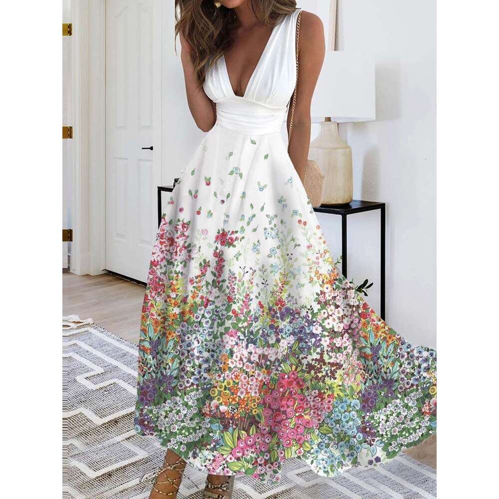 Ins European, American, Russian, deep V-neck sleeveless sexy high waisted satin women's dress 2024 new casual versatile fashion clothing