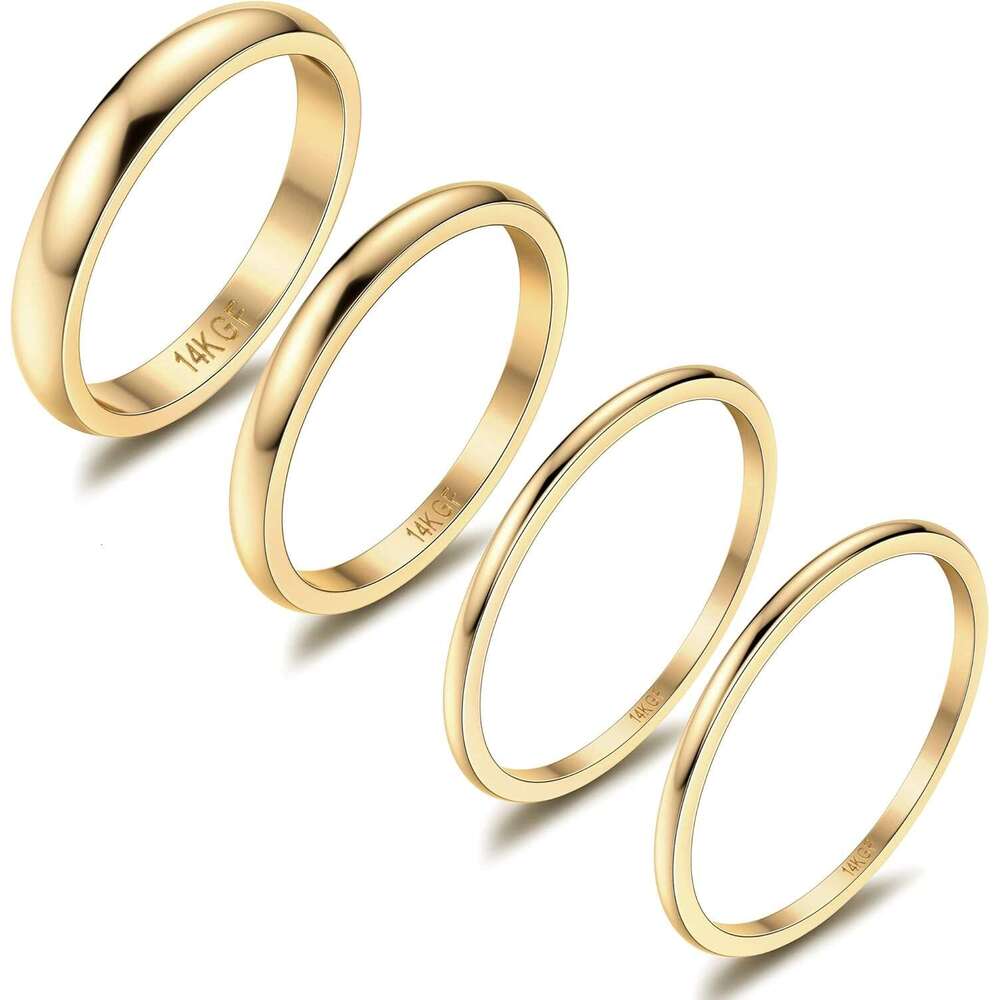 14K Filled Stacking Rings for Women Stackable Thin Gold Plain Pinky Thumb Midi Statement Band Ring Comfort Fit 4Pcs 1mm 2mm 3mm 5mm