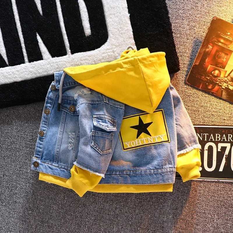 Spring Autumn Denim Jacket For Boy Girl New 2024 Korean Version Fashion Patchwork Hooded Cowboy Coat Casual Childrens ClothingXJ241214