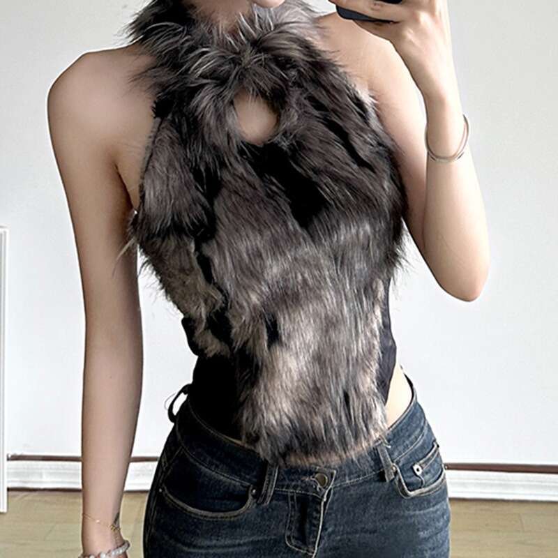 Street Spicy Girl Wind Hair Splicing Hanging Neck Hollow Vest For Women's Winter Slim Fit Sexy Backless Base Shirt, Fashionable Quality Classic B