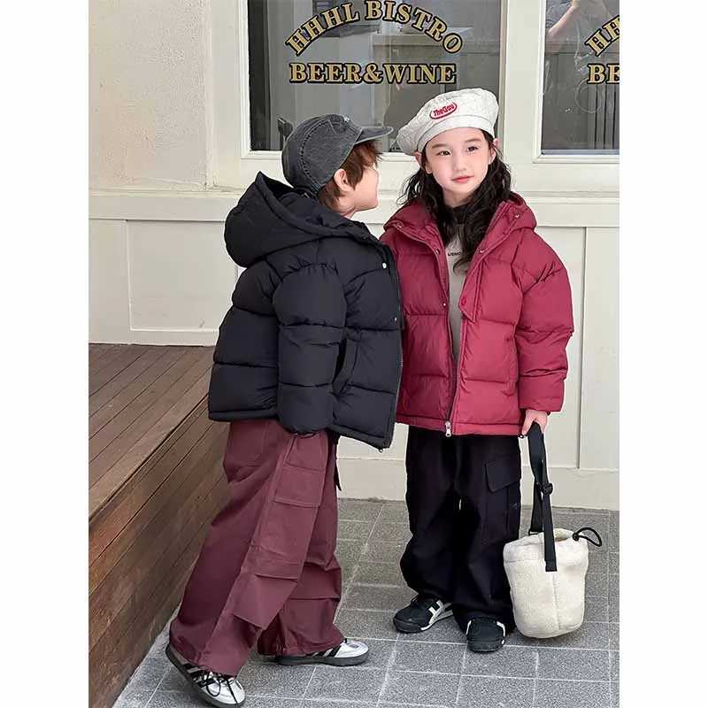 Kids Thickened Jacket Boys Warm Hooded Cotton Clothing Girls Padded Coat Winter Solid Color Casual Outerwear Childrens SnowsuitXJ241214