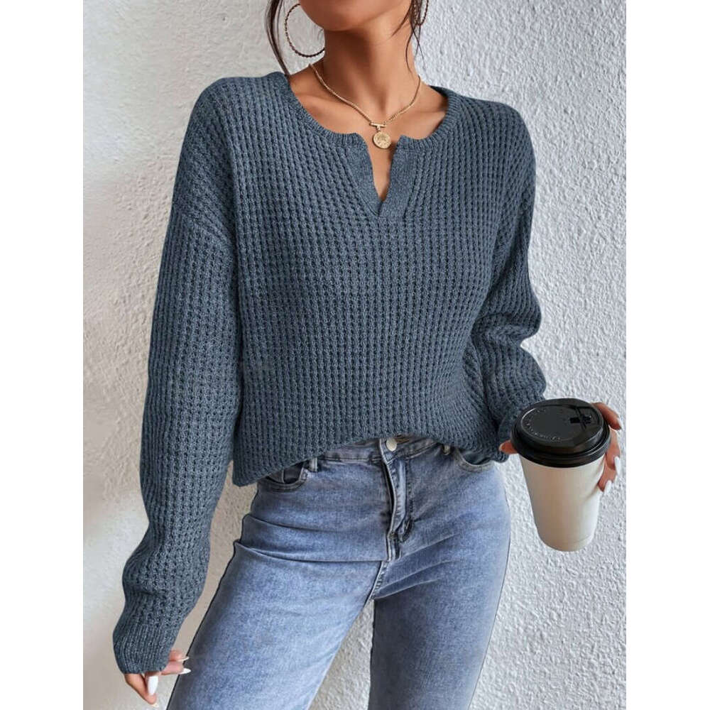 European American Solid Color Long Sleeved Clothes For Autumn Women, Comfortable And Casual V-Neck Pullover
