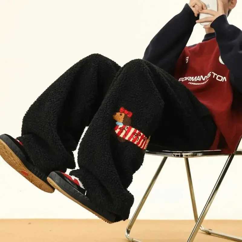 Winter Lambswool Sweatpants Men Women Cartoon Embroidered Padded Thicken Warm Casual Trousers Male Unisex Couple Straight Pants X241216