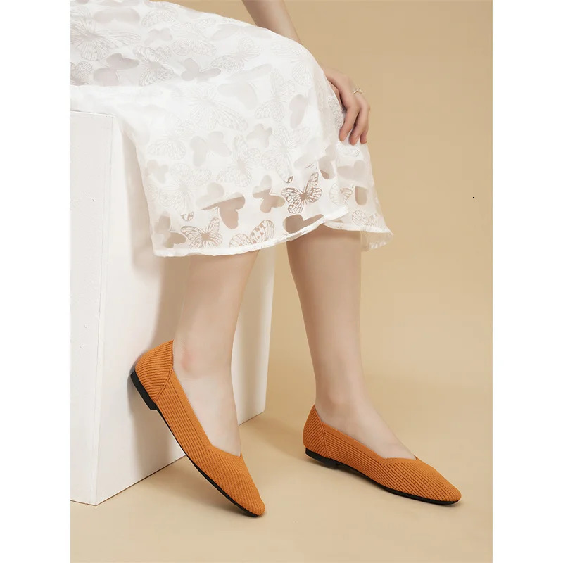 Womens shoes square toe knitted flat shoes 2024 spring fashionable and beautiful rubber sole anti slip shallow casual walking shoes 241213