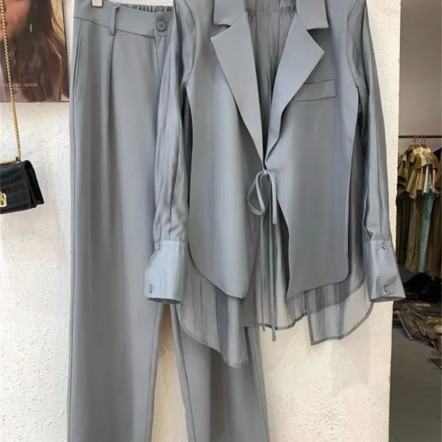 Summer Hollow Sunscreen Chiffon Shirt Jacket Wide Leg Pants Two Piece Set Elegant Womens Office 241212