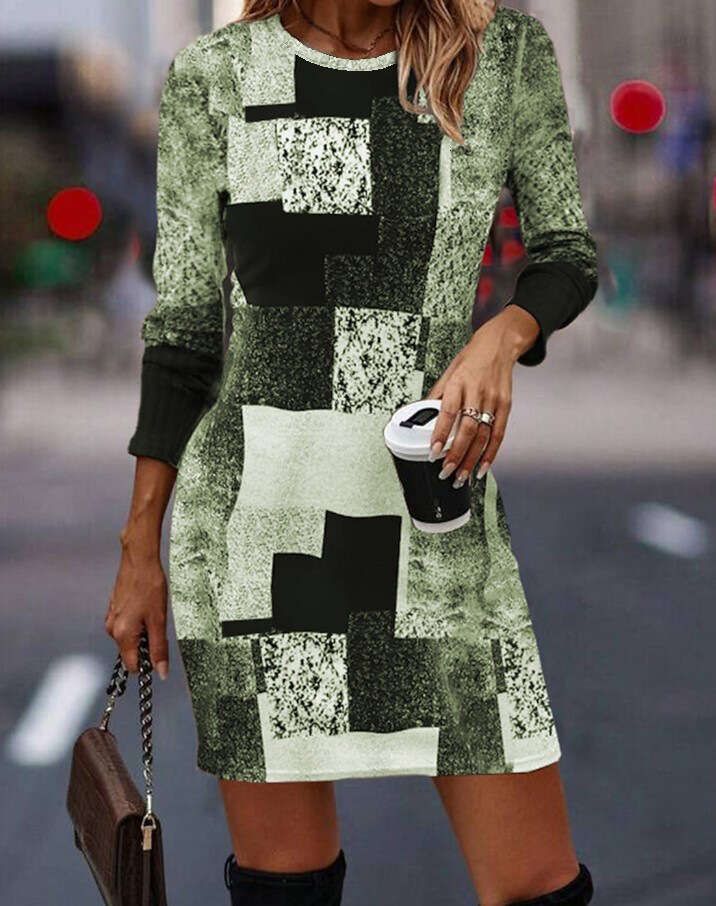 European American Spring and Autumn Geometric Printed Round Neck Long Sleeve Dress 2024 New Casual Versatile Fashion Clothing