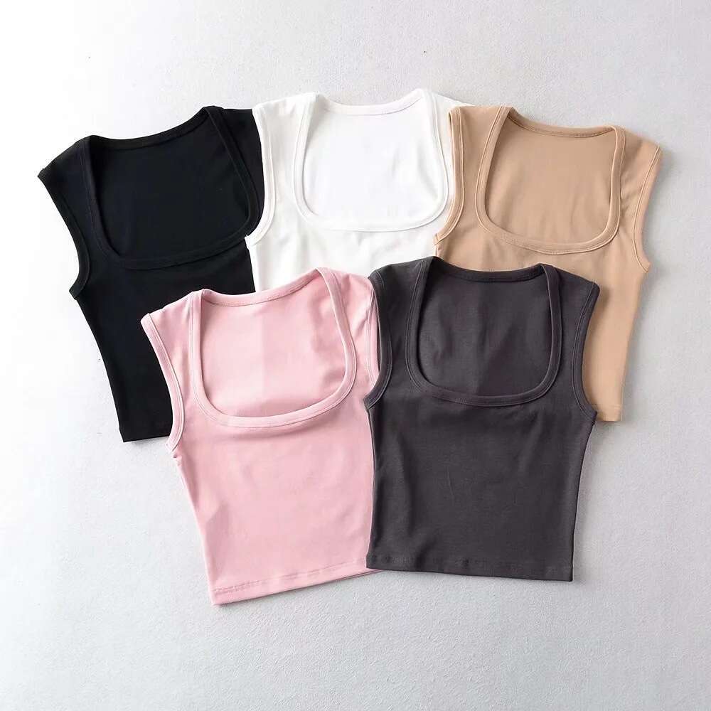 European and American INS summer sexy slim fit deep square neck vest women's short exposed navel tight solid color sleeveless top small T trend 2